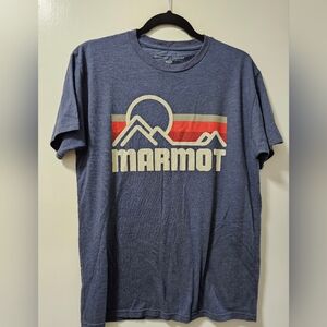 Marmot Vintage Blue Tee with Mountain Graphic. Size Medium